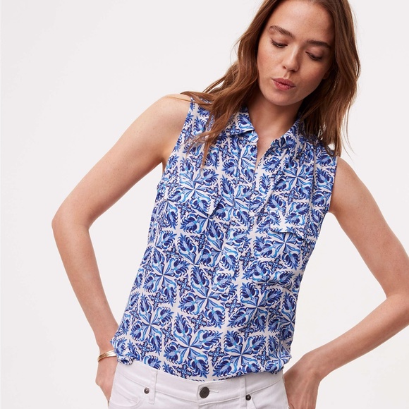 LOFT Tops - Loft	Blue Floral Tile Mixed Media Sleeveless Top